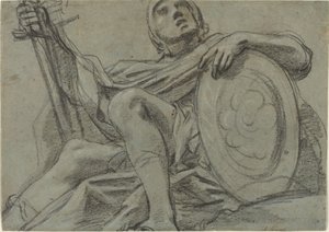 Siddende kriger holder et sværd og skjold [recto]