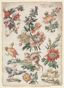 Blomsterdesign med fugle og Griffon
