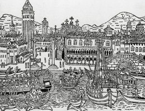 Näkymä Venetsiaan 1400-luvulla, Italia, puupiirros, Giacomo Filippo Forestin (1434-1520) Supplementum chronicarumista af Giacomo Filippo Foresti