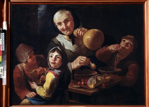 ""Bondens måltid"" (Bondens måltid) En gammel bondekone og tre børn, der spiser morgenmad med suppe, kirsebær og brød. Maleri af Giacomo Francesco Cipper (1664-1736) Museum of Fine Arts fra det 18. århundrede Ivan Kramskoy (eller Kramskoi) i Voronezh (Voro