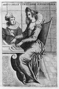 En kurtisane i elegant kjole, der spiller klaver. Gravering af Giacomo Franco (1550-1620) fra "Venedig, brug og skikke"", omkring 1597.
