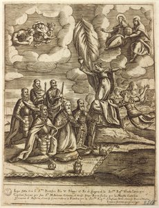 Allegori af Saint League af 1571 fastsat af Pave Pius V, Philip af Spanien og Doge af Venedig Alvise Mocenigo, gravering af Giacomo Franco (1556-1620)