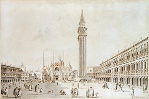Udsigt over Piazza San Marco ser mod basilikaen og Campanile (pen og blæk med vask på papir)