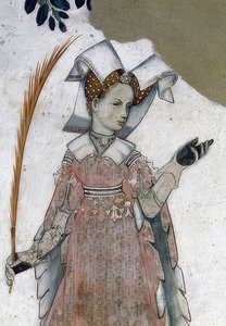 Skildring af markisen af ​​Saluzzo og deres hustruer som historiske og mytologiske helte og heltinder. Detalje: Marguerite de Roussy, hustru til Tommaso III. som Teuca. 1418-30