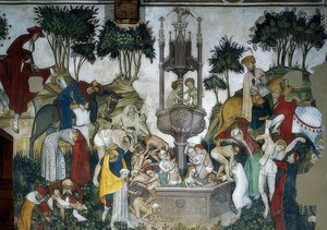 Ungdommens kilde. Detalje: folk ankommer og bader i springvandet. 1418-30