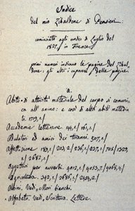 Indledning af manuskriptet til Zibaldone (eller "Pensieri") af Giacomo Leopardi (1798 - 1837). 1817-1832 af Giacomo Leopardi