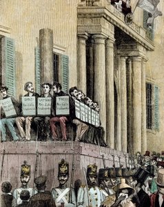 Risorgimento: "" medlemmer af Giovine Italia-bevægelsen (inklusive Carlo Cattaneo (1801-1869), Tinelli, Danzi, Bussi) sidder foran Justitspaladset i Milano og lytter til dommen, der dømte dem til eksil i 1848"" 1884 Litografi af Manteg