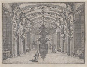 Teaterscene i en stor sal med hvælvet loft og en central skulptur, ..., ca. 1687-1717. af Giacomo Maria Giovannini