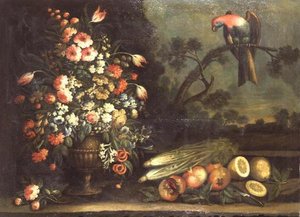 Stilleben, blandede blomster, grøntsager og papegøje af Giacomo Nani