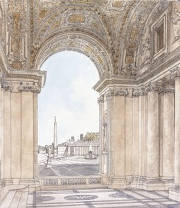 En udsigt over Piazza San Pietro, Rom, der ser sydpå fra Basilikaens portik, før 1779
