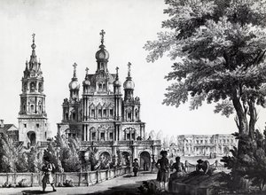 Kirke af Assumption og Gagarin-paladset i Moskva, tegning af Giacomo Quarenghi Domenico (1744-1817), tryk, Rusland
