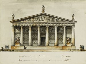Designs for the Riding School of the Horse Guards, St. Petersburg: Elevations, Section and Ground Plan, dani