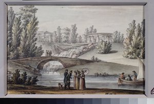 Apollontemplet og vandfaldet i Pavlovsk Park (Sankt Petersborg). Værk af Giacomo Antonio Domenico Quarenghi (1744-1817), blæk og akvarel på papir, omkring 1800. Italiensk kunst