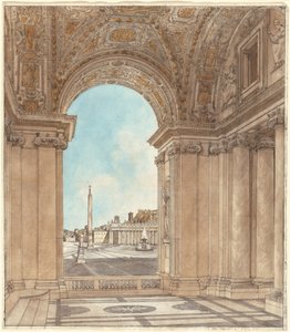 Piazzaen ved Peterskirken set gennem en bue af basilikaen