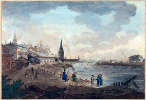 Udsigt over Moskvas Kreml taget fra Stenbroen over Moscova (Moskva eller Moskwa). Værk af Giacomo Antonio Domenico Quarenghi (1744-1817), akvarel og blæk på papir, ca. 1790. Italiensk kunst