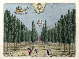 Illustration til operaen i 5 akter "La finta pazza" "(La Folle supposee) af Francesco Sacrati. Gravering af Jacopo Torelli