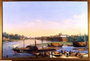 Udsigt over havnen i Pavia (Pavia) på Po og dampbåden Principessa Clementina""""" Maleri af Giacomo Trecourt (1812-1882) 1800-tallet