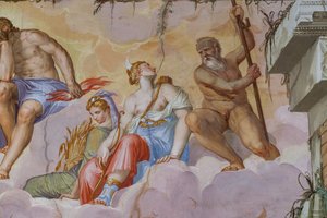 Ceres (høstens gudinde med et bundt ører) og Diana (jagtens gudinde med buen), detalje i Olympens værelse, ca. 1557 (fresko)