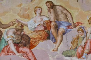 Juno, Jupiter, Cybele liggende på skyer, over arkitektoniske ruiner, detalje af Olympens værelse, ca. 1557 (fresco)