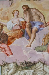 Juno og Jupiter liggende på skyer, over arkitektoniske ruiner, detalje af Olympens værelse, ca. 1557 (fresko)