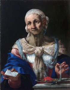 Gammel kvinde med perlehalskæde og bogstav (Vanitas) - Gammel kvinde med perlehalskæde og brev (Vanitas) - Giovan Battista Langetti (1635-1676). Olie på lærred, ca 1663. Nationalgalleriet, Prag