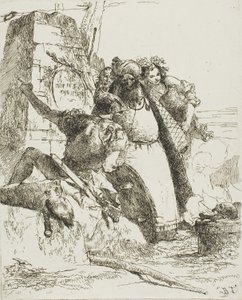 En tryllekunstner, en soldat og tre figurer, der ser på en brændende kranie, fra Scherzi af Giambattista Tiepolo