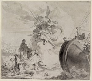 Hovedet af Saint Torpe reddet af engle og restaureret til ærkebiskop Frederigo (grå vask over sort kridt på papir) af Giambettino Cignaroli