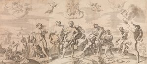 Bacchus med sine ledsagere opdager Ariadne på øen Naxos, efter Reni, 165..., 1650-80. af Gian Battista Bolognini
