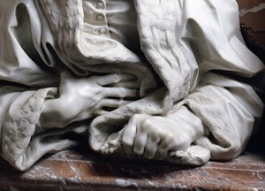 Buste af Gabrielle Fonsecas læge af Pave Innocentius X detalje af hænder, der knuger kappen, fra Fonseca Chapel marmor detalje af 96874