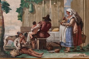 Bondefamilie ved bordet, fra rummet med rustikke scener, i Foresteria (gæstehus) 1757 (fresco)