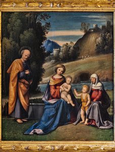 Hellig familie med helgener, spædbarnet St. John og St. Elizabeth i et landskab (olie på lærred)