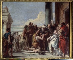 Den fortabte søns tilbagevenden (Return of the prodigal son). Maleri af Giandomenico Tiepolo (1727-1804). Olie på lærred, 49 x 59 cm