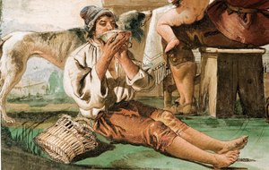 Detalje fra Bondefamilien ved bordet, fra Rummet med rustikke scener, i Foresteria, 1757 af Giovanni Domenico Tiepolo