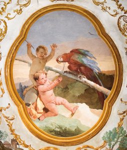 Putti med en papegøje, fra Putti-rummet i Foresteria (gæstehuset) 1757 af Giovanni Domenico Tiepolo