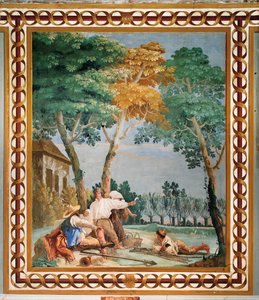 Bønderne hviler, fra Rummet med rustikke scener, i Foresteria, 1757 af Giovanni Domenico Tiepolo