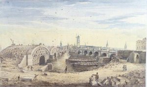 Konstruktion af den nye London Bridge ved siden af den gamle London Bridge af Gideon Yates