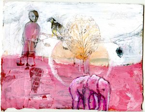 Skovdue og elefant, 2014 (blandet medier) af Gigi Sudbury