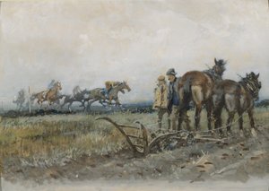 Væddeløbsheste til træning overvåget af pløjere (wc og gouache ombord)
