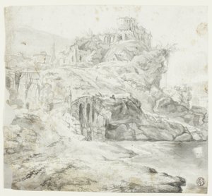 Klippefremspring med ruiner og kaskader (recto); Skitse af klippe med bygninger (verso) af Giles Edme Petit