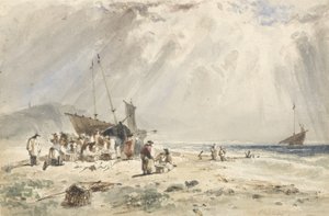 Fiskemarked på stranden (wc over grafit på papir) af Giles Firman Phillips