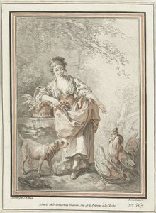 Ung kvinde med hund og hane og høne af Gilles Demarteau