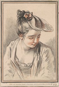 Hoved af en ung kvinde iført hat af Gilles Demarteau the Elder after Antoine Watteau
