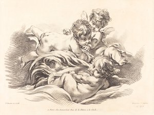 Tre keruber spiller på delfin som bølge af Gilles Demarteau, the Elder after François Boucher