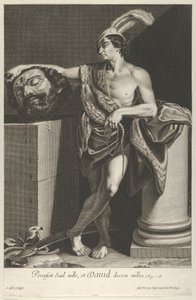 David står med krydsede ben og holder Goliats hoved på en piedestal ved l..., ca. 1635-45.