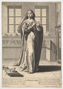 Dialektik: en ung kvinde, der står i et dekoreret interiør og rører ved sit højre indeks ..., 1633-35. af Gilles Rousselet