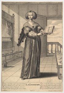 Grammatik: en ung kvinde stående i et dekoreret interiør med en åben bog i venstre side..., 1633-35. af Gilles Rousselet