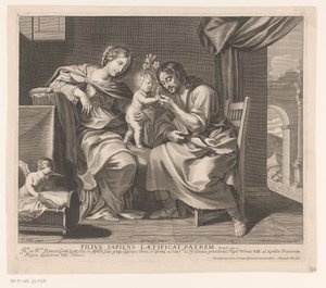 Hellig familie og engel laver en krybbe af Gilles Rousselet