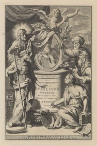 Bibelske figurer afslører portrættet af Moses Titelside til Wilhelmus Goeree, Forberedelser til bibelsk visdom og brugen af ​​hellige og kirkelige historier, 1690 af Gilliam van der Gouwen