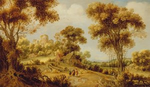 Et vidtstrakt skovlandskab med Kristus på vejen til Emmaus, ca. 1609-29