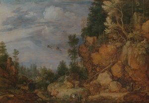 Klippelandskab med hjorte og geder af Gillis Claesz de Hondecoeter
